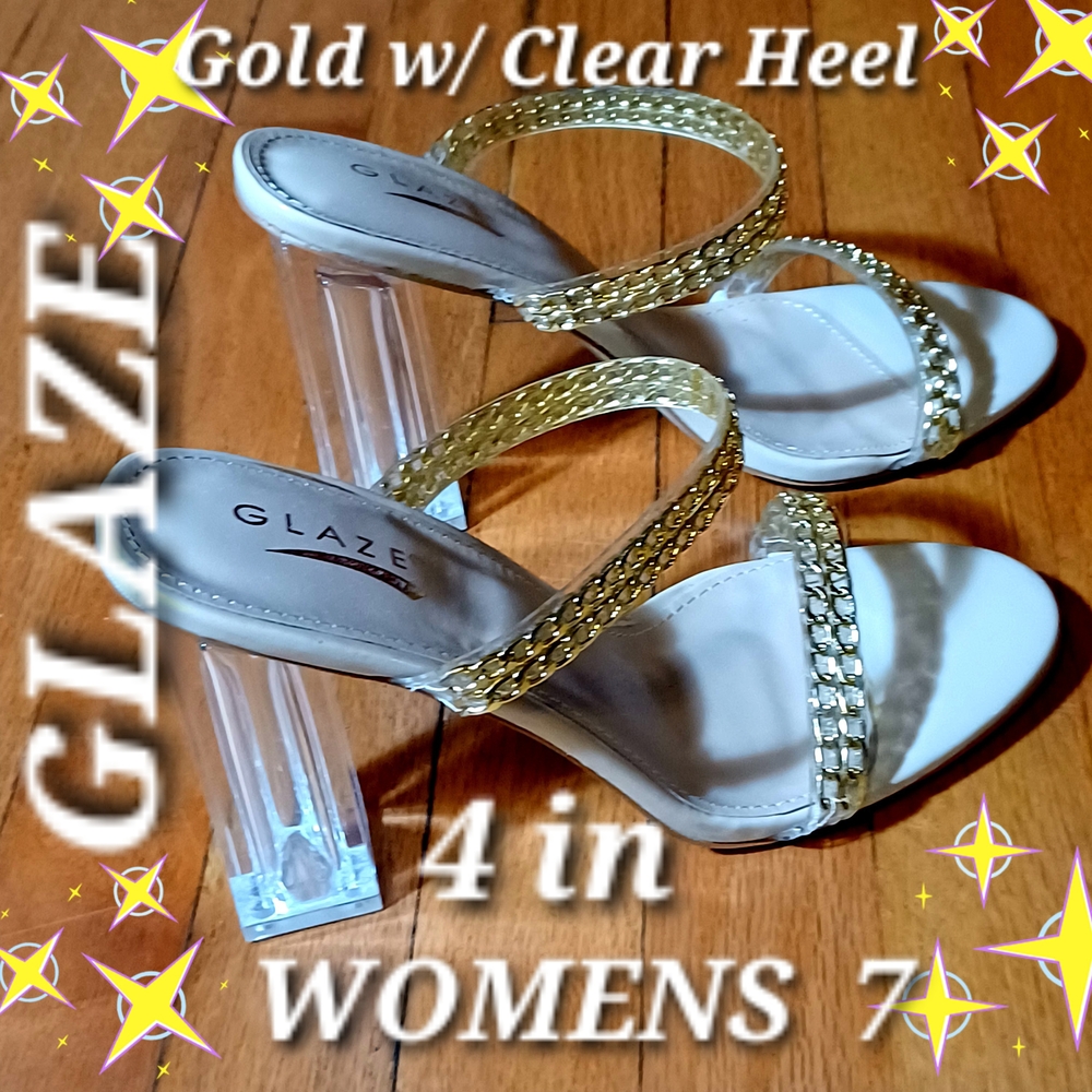 Glaze Women's Gold Heels with Clear Block Heel